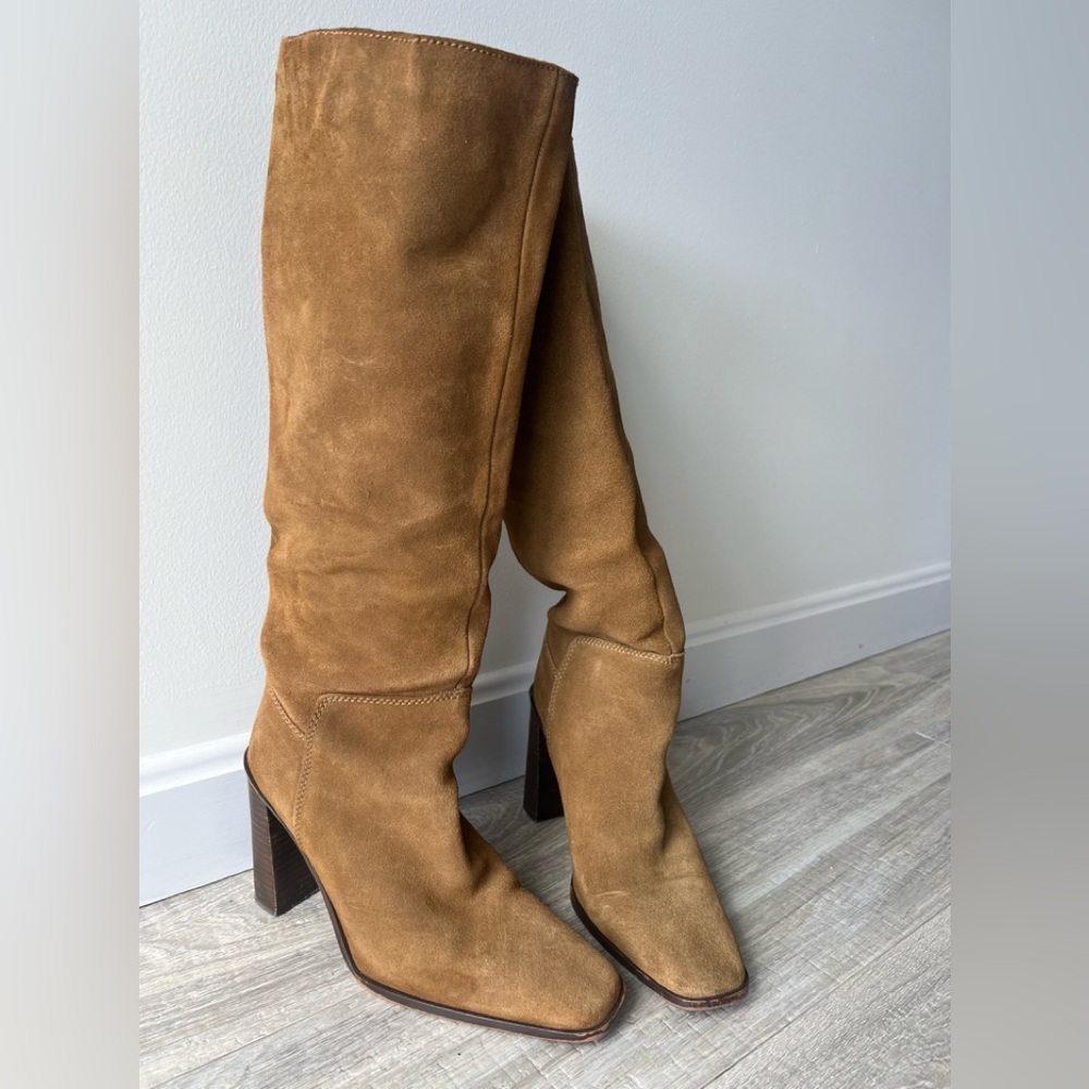 MANGO brown suede block heel knee high boots